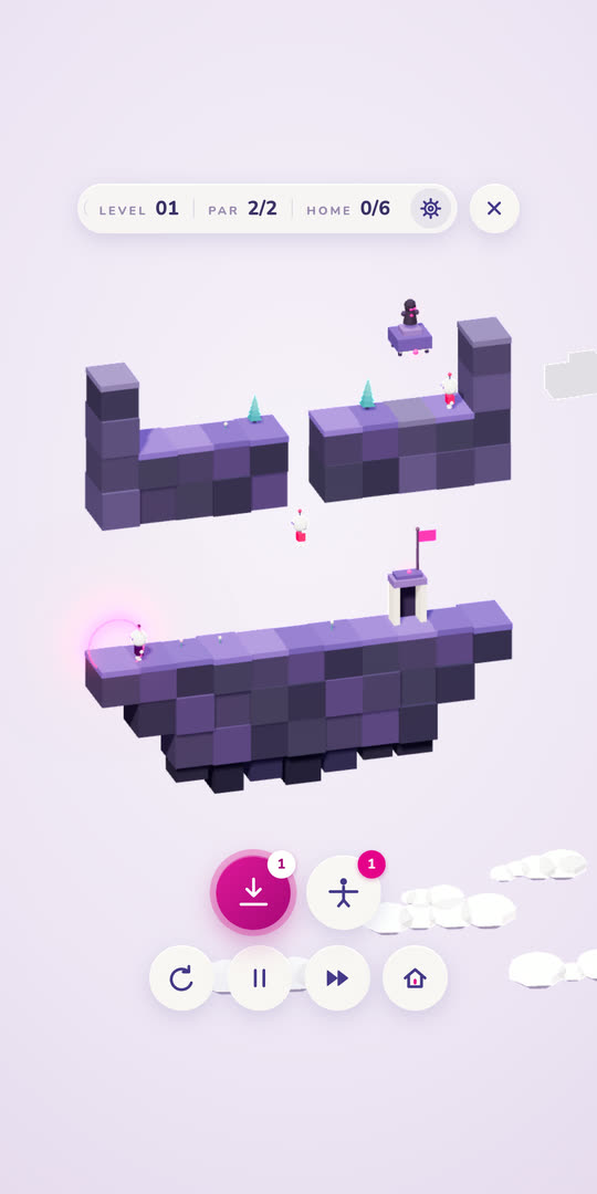 A LOOP level in the garden world: robots walking a violet ledge towards the door.