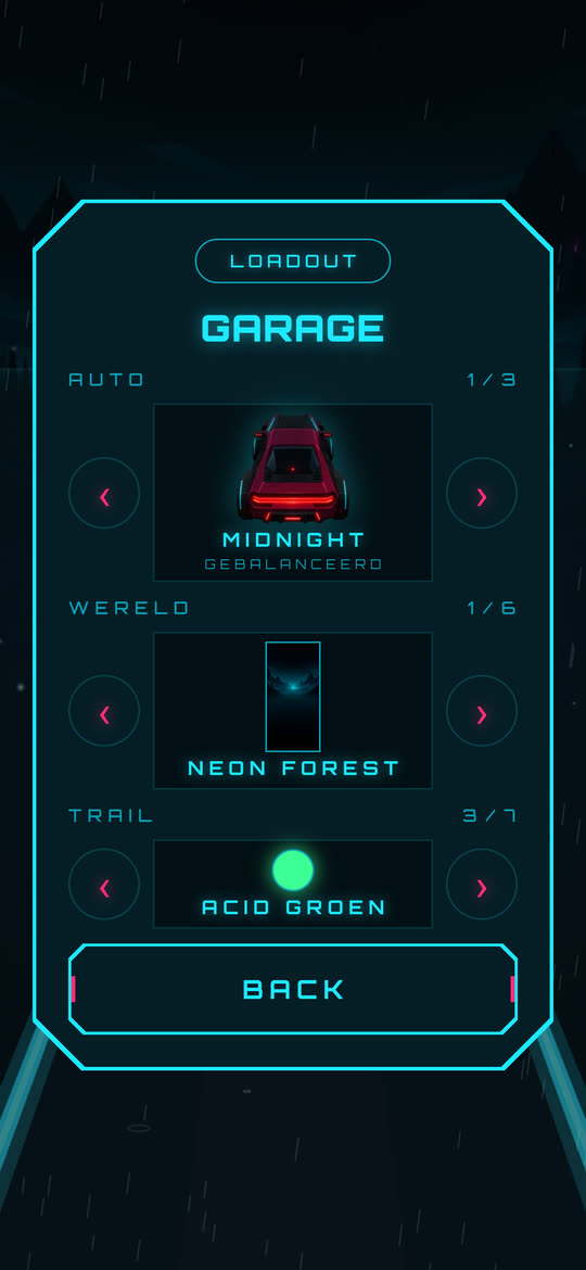 The Garage screen in Midnight Dash: car, world and trail colour.