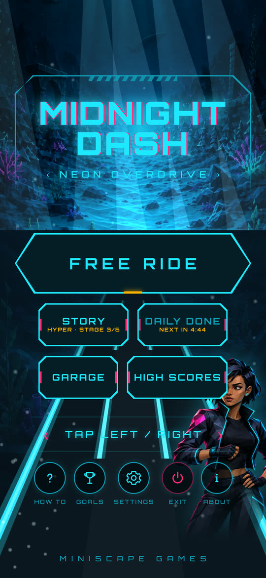 The Midnight Dash main menu, with Free Ride, Story, Daily and Garage.