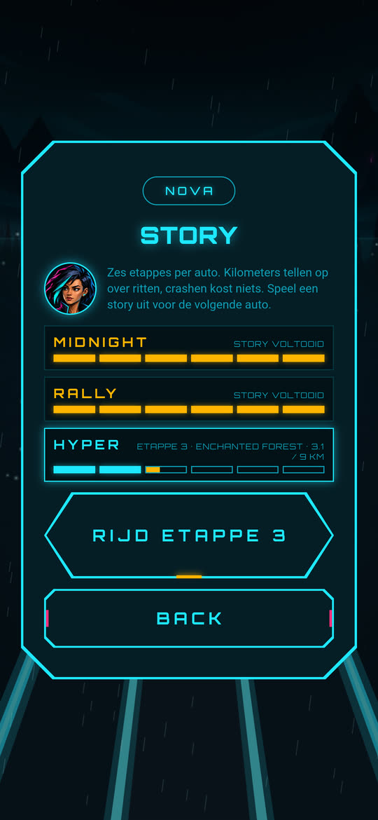 The Story screen in Midnight Dash, with three cars and their stage progress.