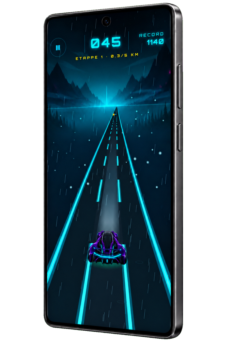 An Android phone showing a Midnight Dash story stage on a rainy night road.