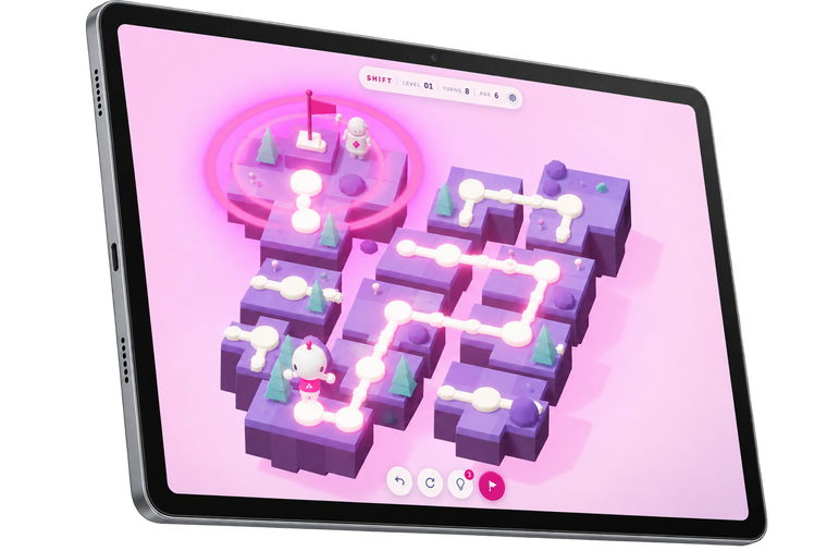 An Android tablet held on its side, showing a Shift level: the islands across the middle of the screen with the read-out above them.