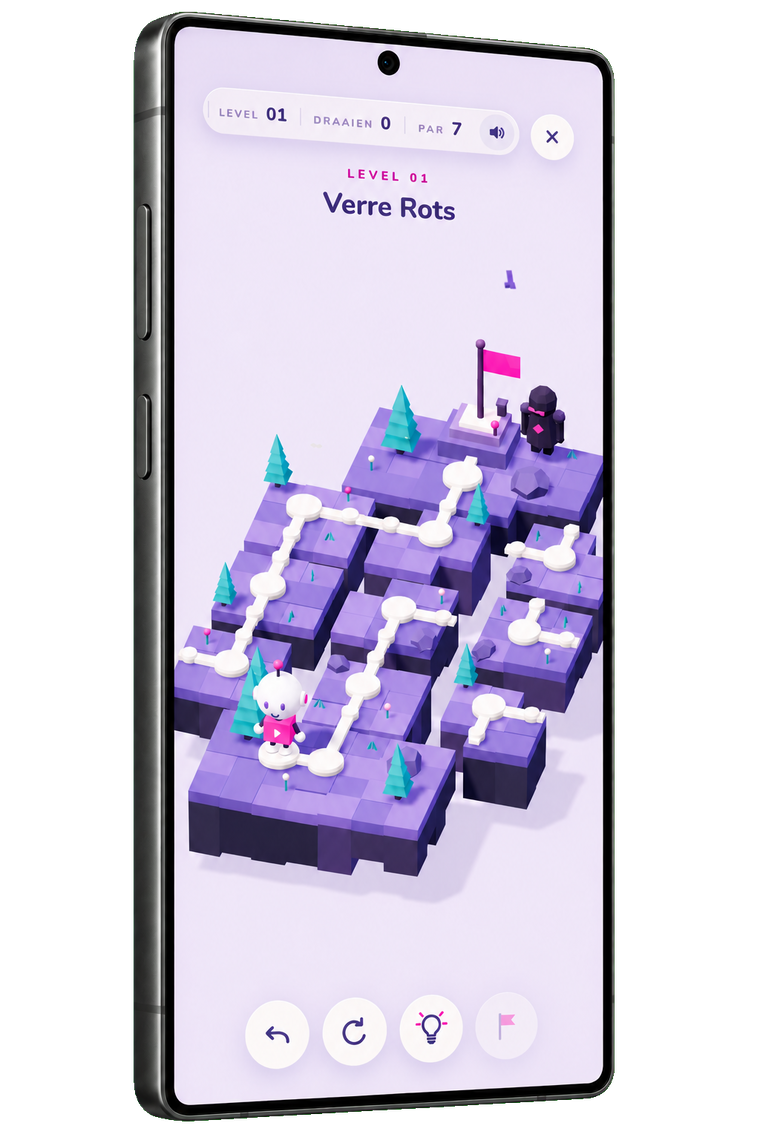 An Android phone showing a Shift level: violet islands, a white path and a pink flag.