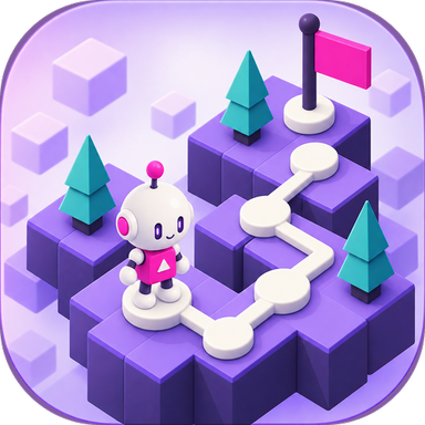 The Shift app icon: a small white robot on a violet island beside a pink flag.